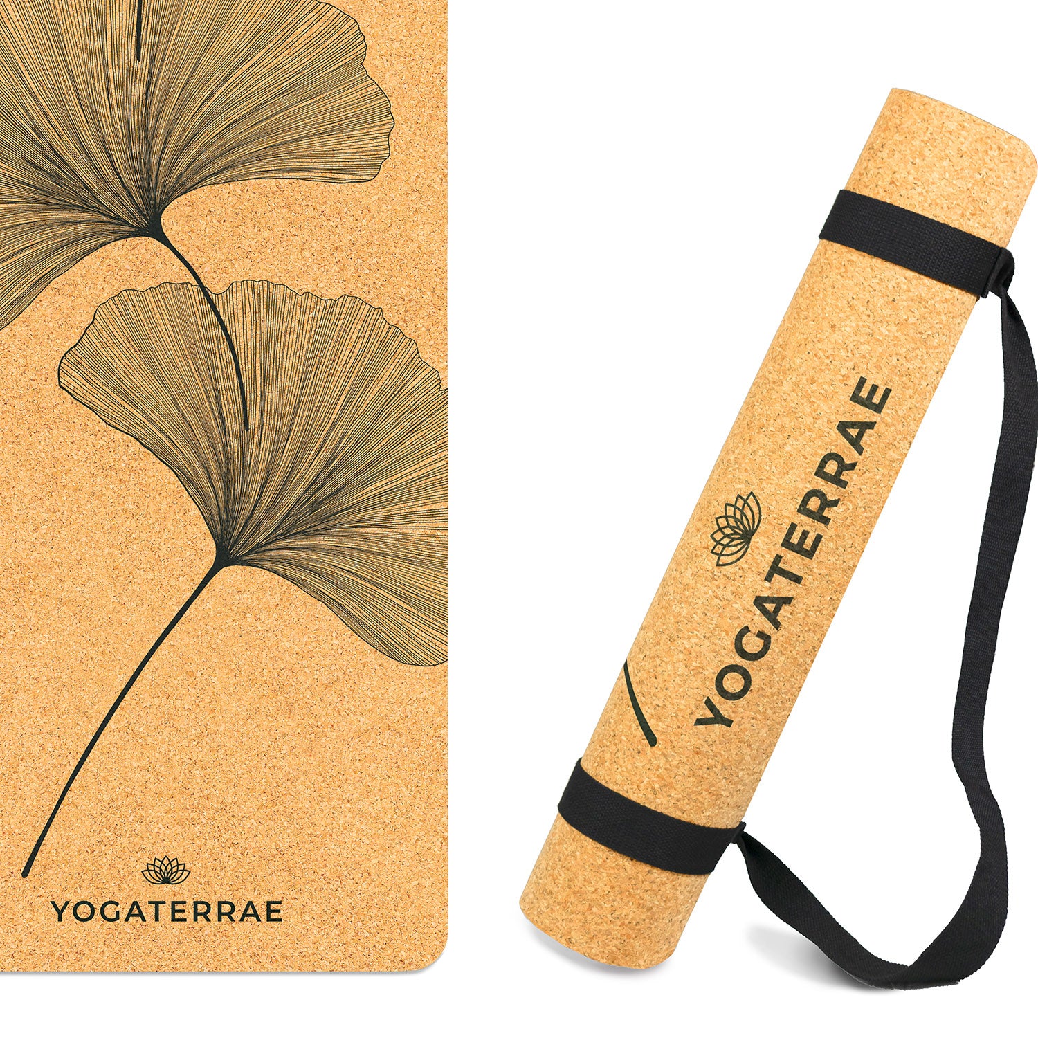 Tapis de yoga liège et caoutchouc naturels antidérapant écologique Ginkgos Yin Yang + sangle d'étirements et de transport YOGATERRAE marque française