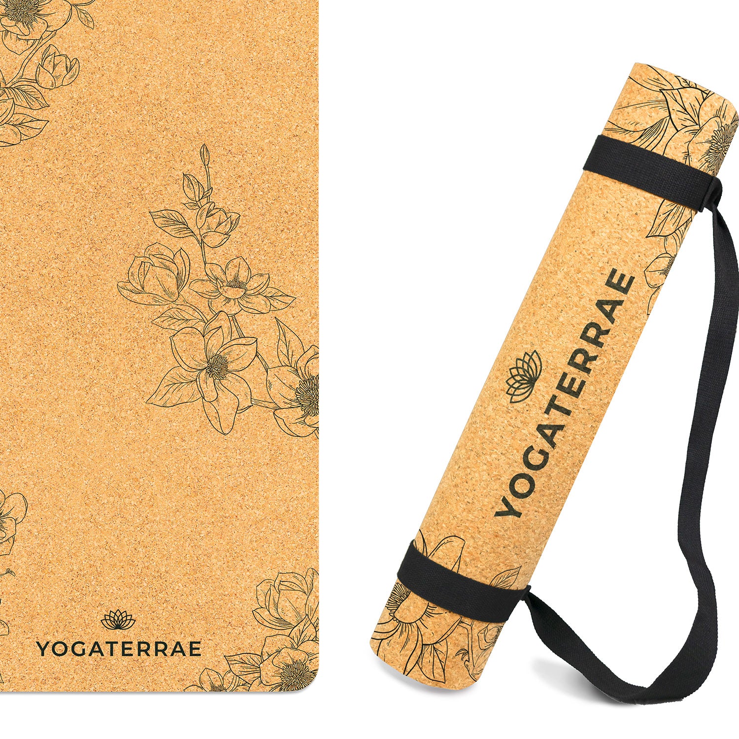 Tapis de yoga liège et caoutchouc naturels antidérapant écologique Magnolias + sangle d'étirements et de transport YOGATERRAE marque française