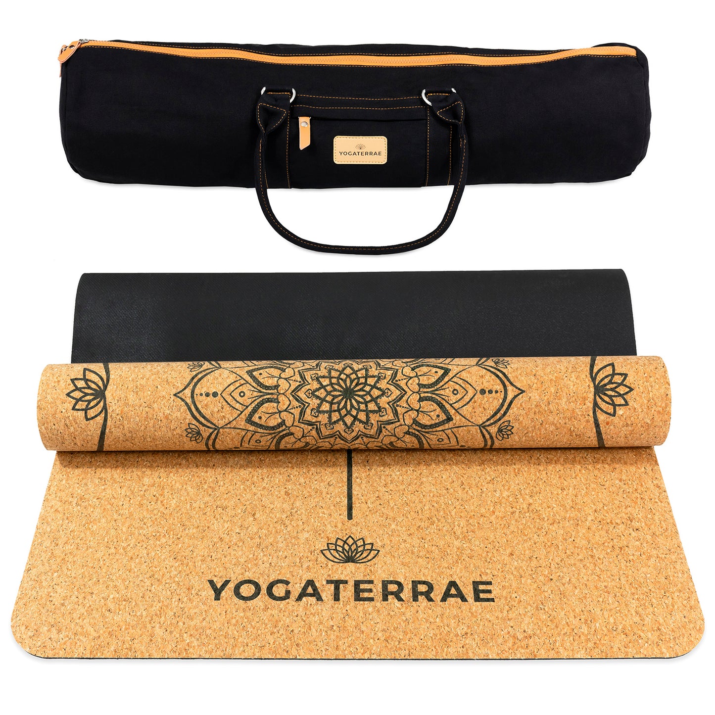 Tapis de yoga liège et caoutchouc naturels antidérapant écologique Mandala avec alignement Body Line et sac de yoga couture coton YOGATERRAE marque française