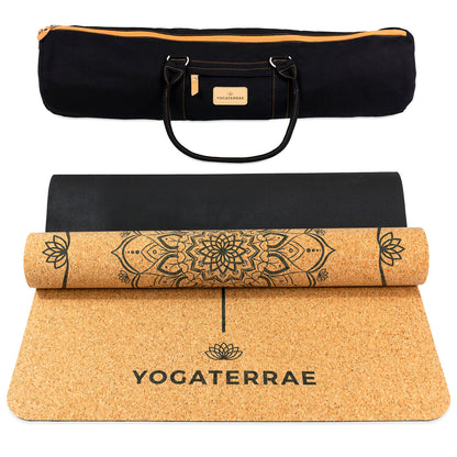 Tapis de yoga liège et caoutchouc naturels antidérapant écologique Mandala avec alignement Body Line et sac de yoga couture coton YOGATERRAE marque française