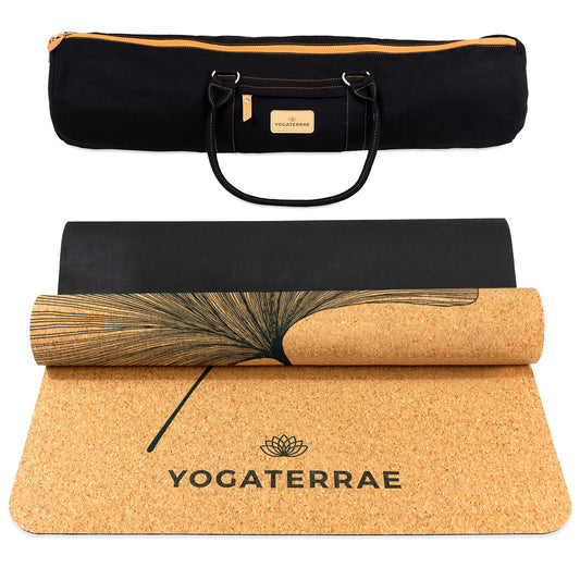 Tapis de yoga liège et caoutchouc naturels antidérapant écologique Ginkgos Yin Yang et sac de yoga couture coton YOGATERRAE marque française