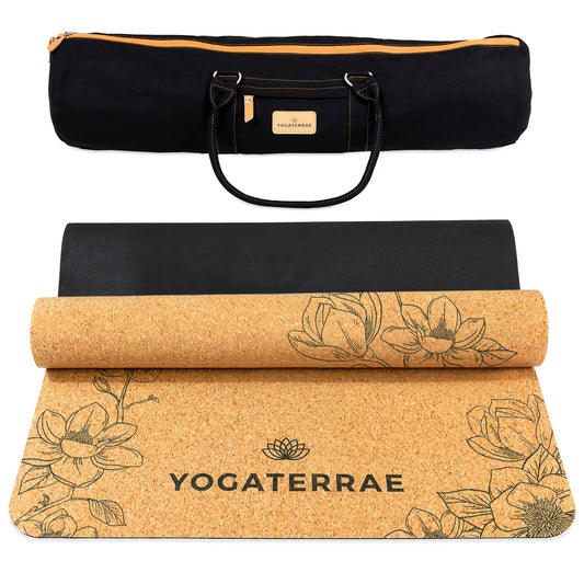 Tapis de yoga liège et caoutchouc naturels antidérapant écologique Ginkgos Yin Yang et sac de yoga couture coton YOGATERRAE marque française