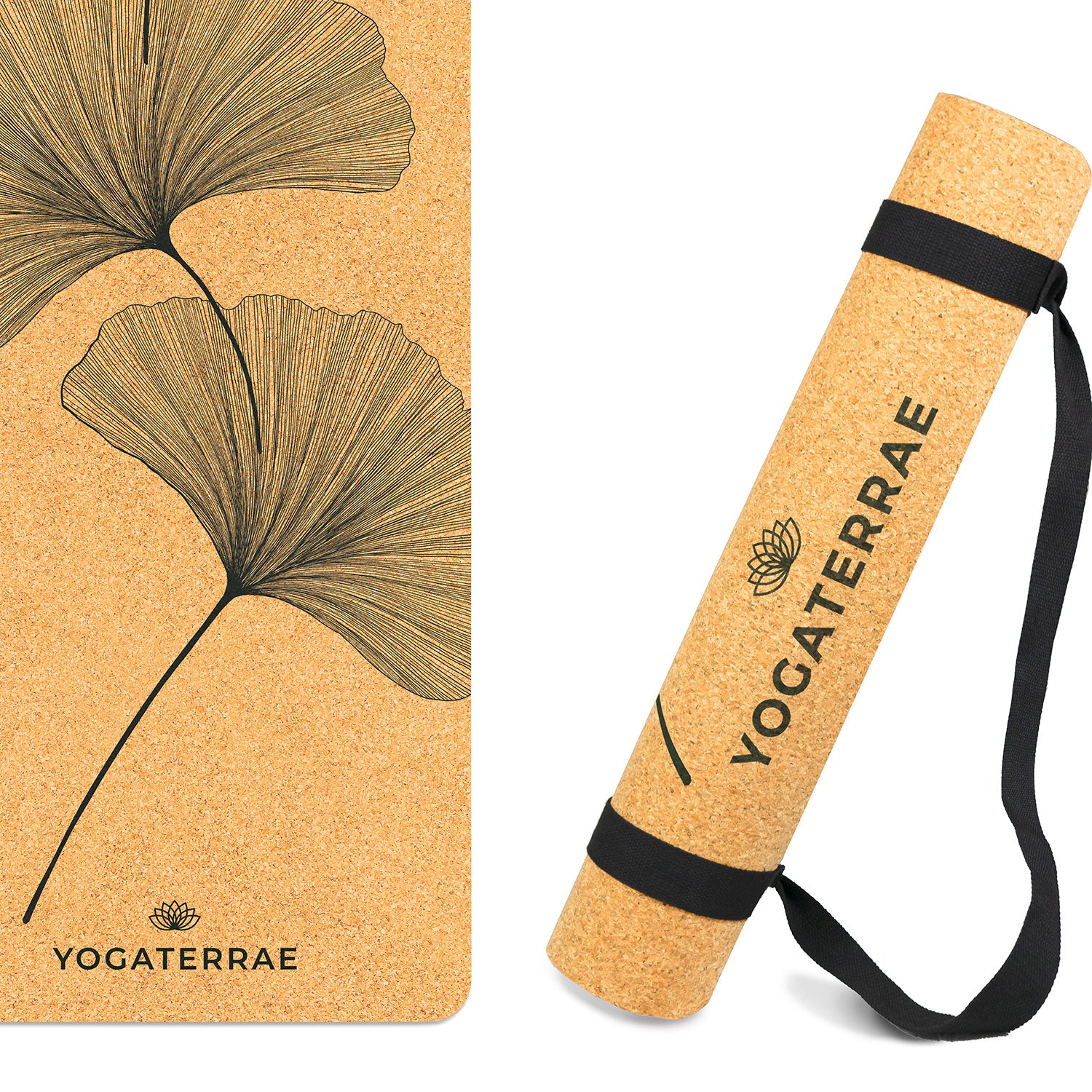 Yogamatte Kork und Naturkautschuk rutschfest ökologisch Ginkgos Yin Yang + Stretching- und Tragegurt YOGATERRAE französische Marke