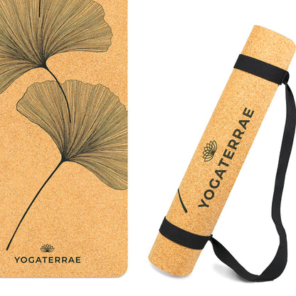 Yogamatte Kork und Naturkautschuk rutschfest ökologisch Ginkgos Yin Yang + Stretching- und Tragegurt YOGATERRAE französische Marke