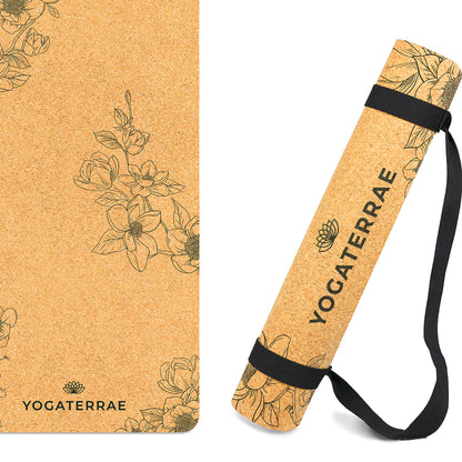 Yogamatte Kork und Naturkautschuk rutschfest ökologisch Magnolias + Stretching- und Transportgurt YOGATERRAE französische Marke