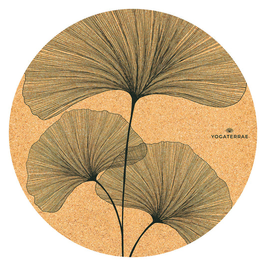 ROUND NON-SLIP CORK YOGA MAT GINKGO BILOBA BLACK