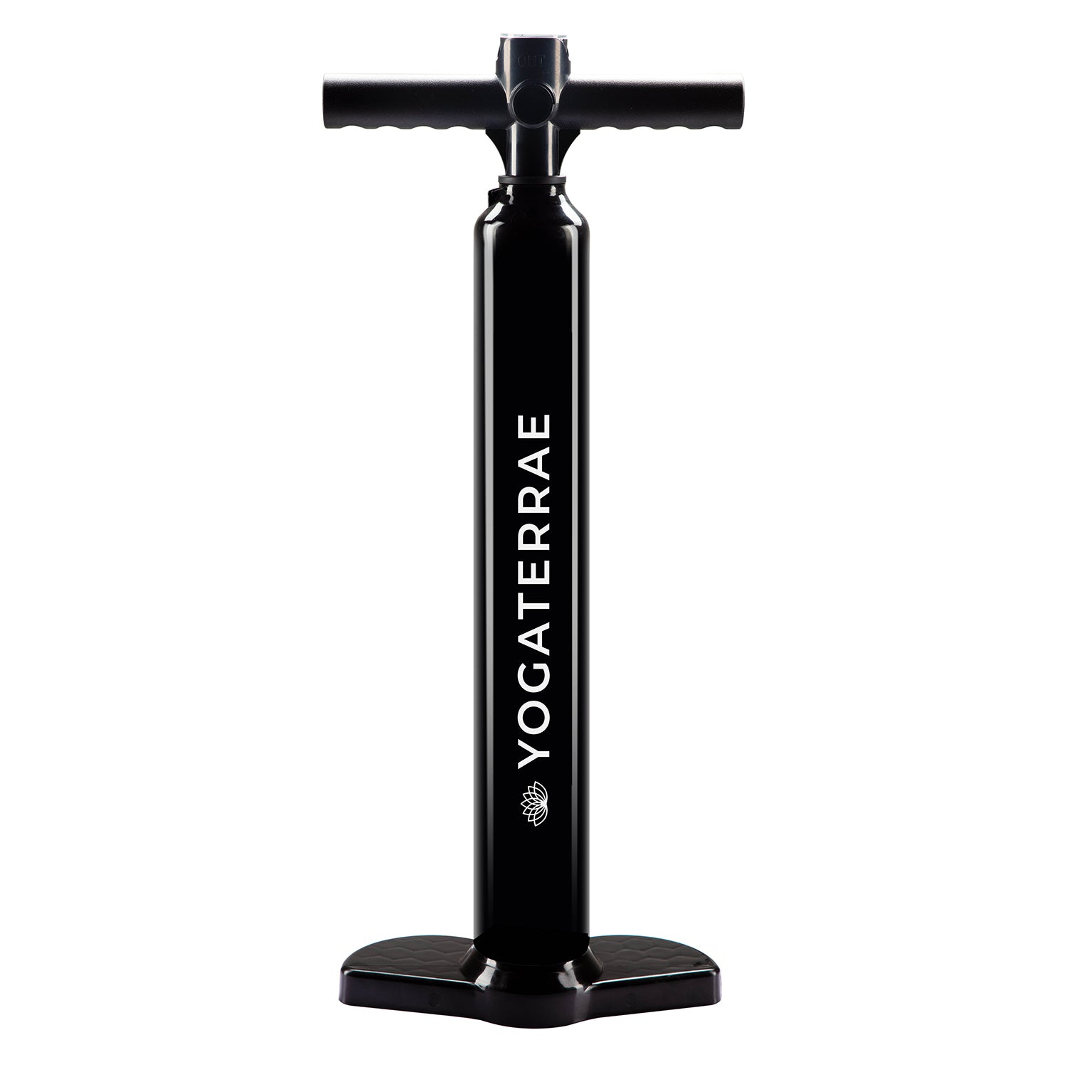"Black double-action air pump for Yogaterrae SUP boards with integrated pressure gauge".