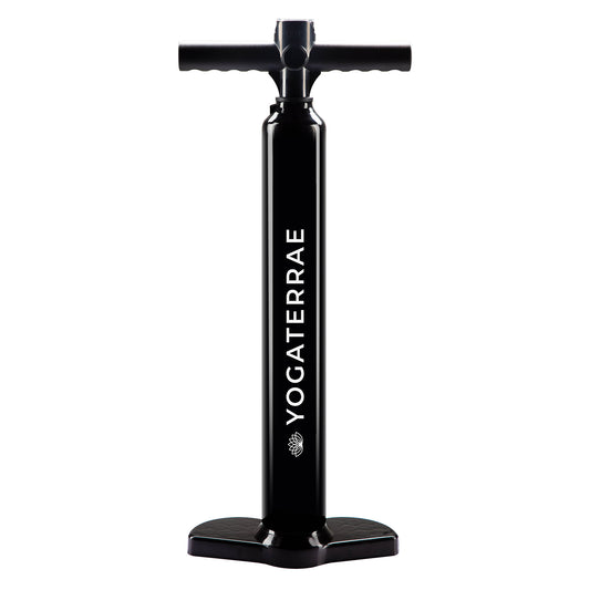 "Black double-action air pump for Yogaterrae SUP boards with integrated pressure gauge".