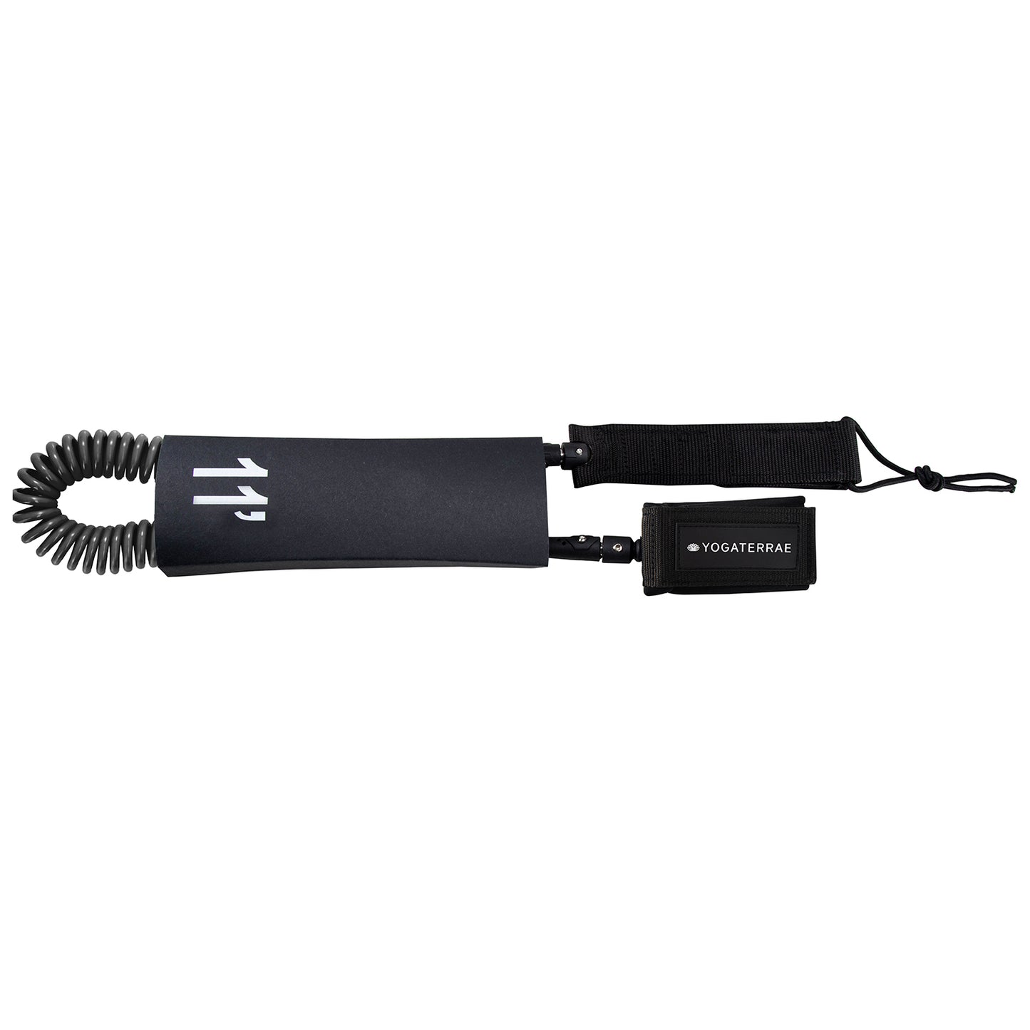 "Yogaterrae black spiral safety leash for SUP ensuring the user's safety by keeping the board close by"