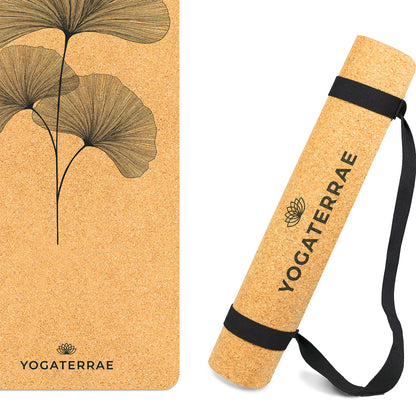 Yoga mat cork and natural rubber non-slip ecological Ginkgos Bouquet + stretching and carrying strap YOGATERRAE French brand