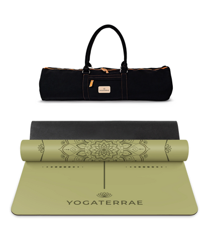 ESTERILLA DE YOGA MANDALA VERDE CAQUI DE CAUCHO NATURAL CON BOLSA